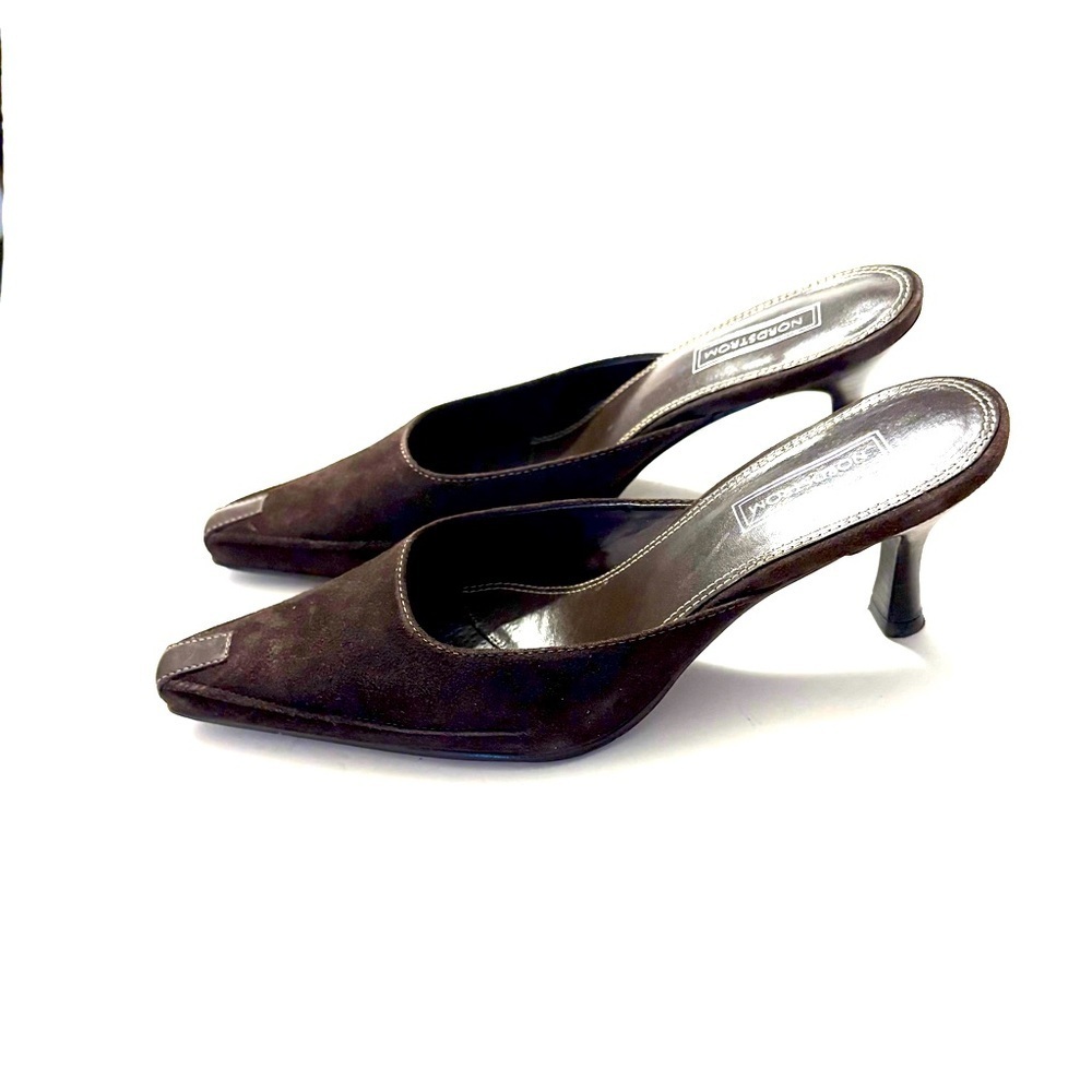 NORDSTROM Brown Suede Kitten Heels Mules - Picture 2 of 6